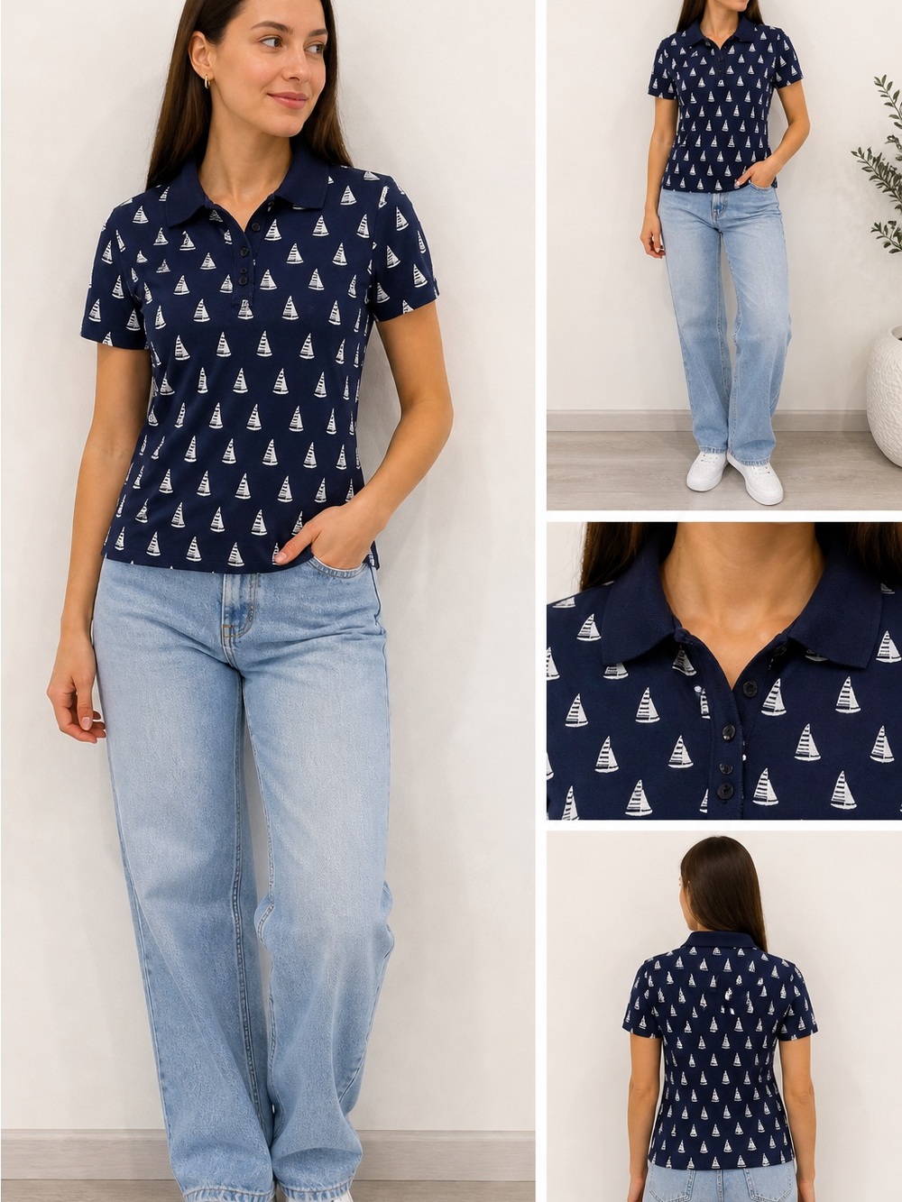 Kim Rogers Navy Polo Shirt with White Sailboat Print